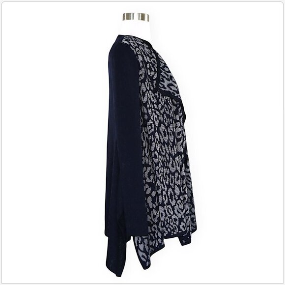 St. John Navy and White Jacquard Waterfall Open Front Cardigan Knit Sweater S - Picture 2 of 4